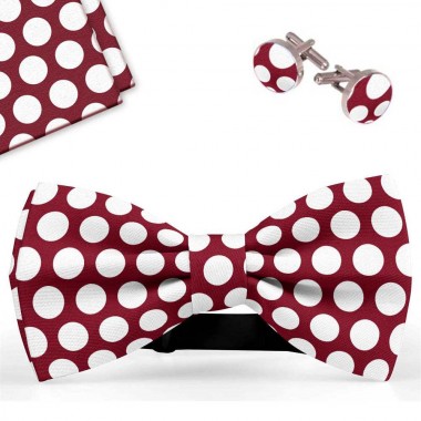 Set papion barbati, batista, butoni, rosu bordo,buline albe mari